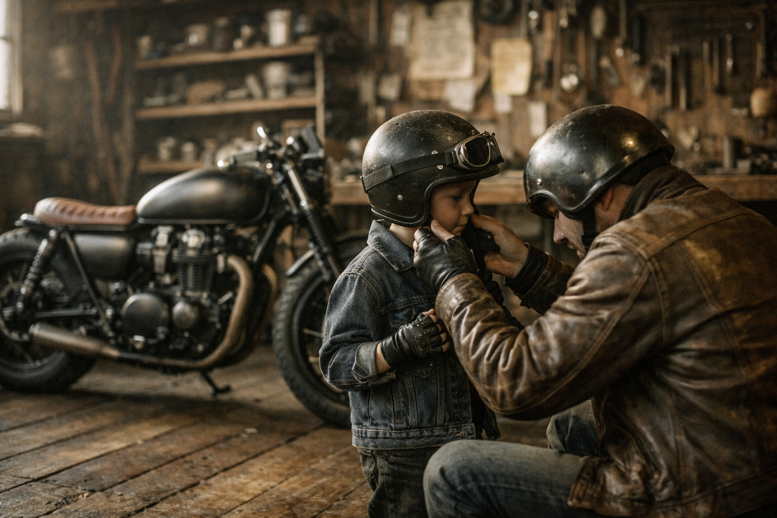 Enfant correctement équipé sur une moto avec casque léger et pieds sur repose-pieds