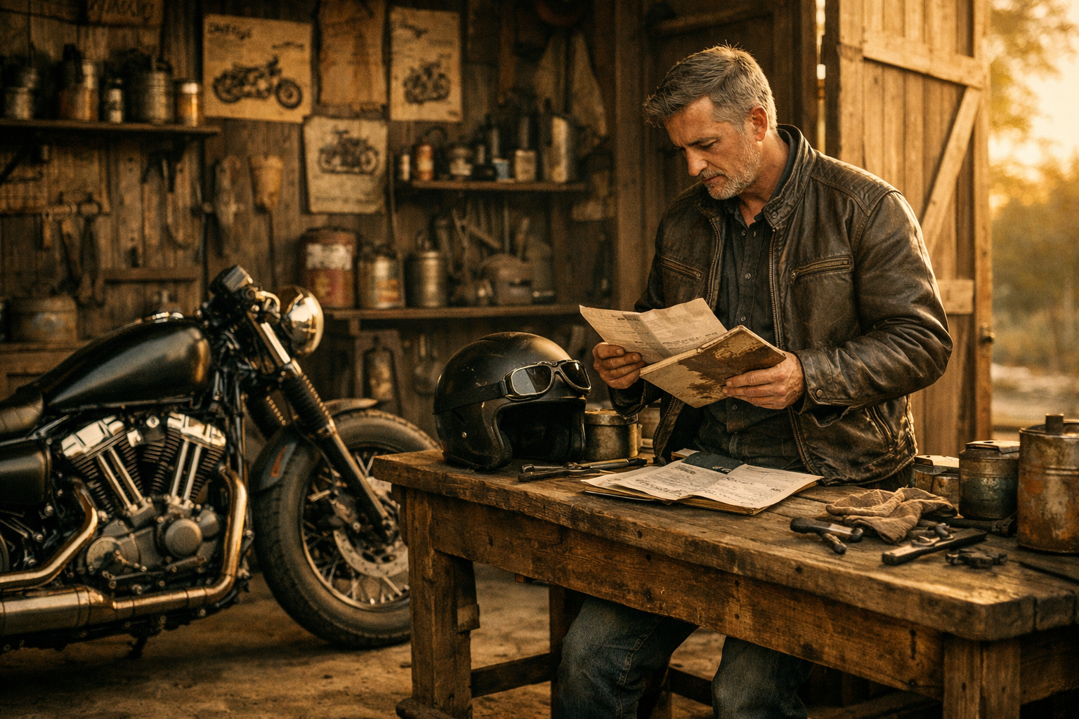 Motard devant un garage, comparant des devis d’assurance moto, ambiance vintage.