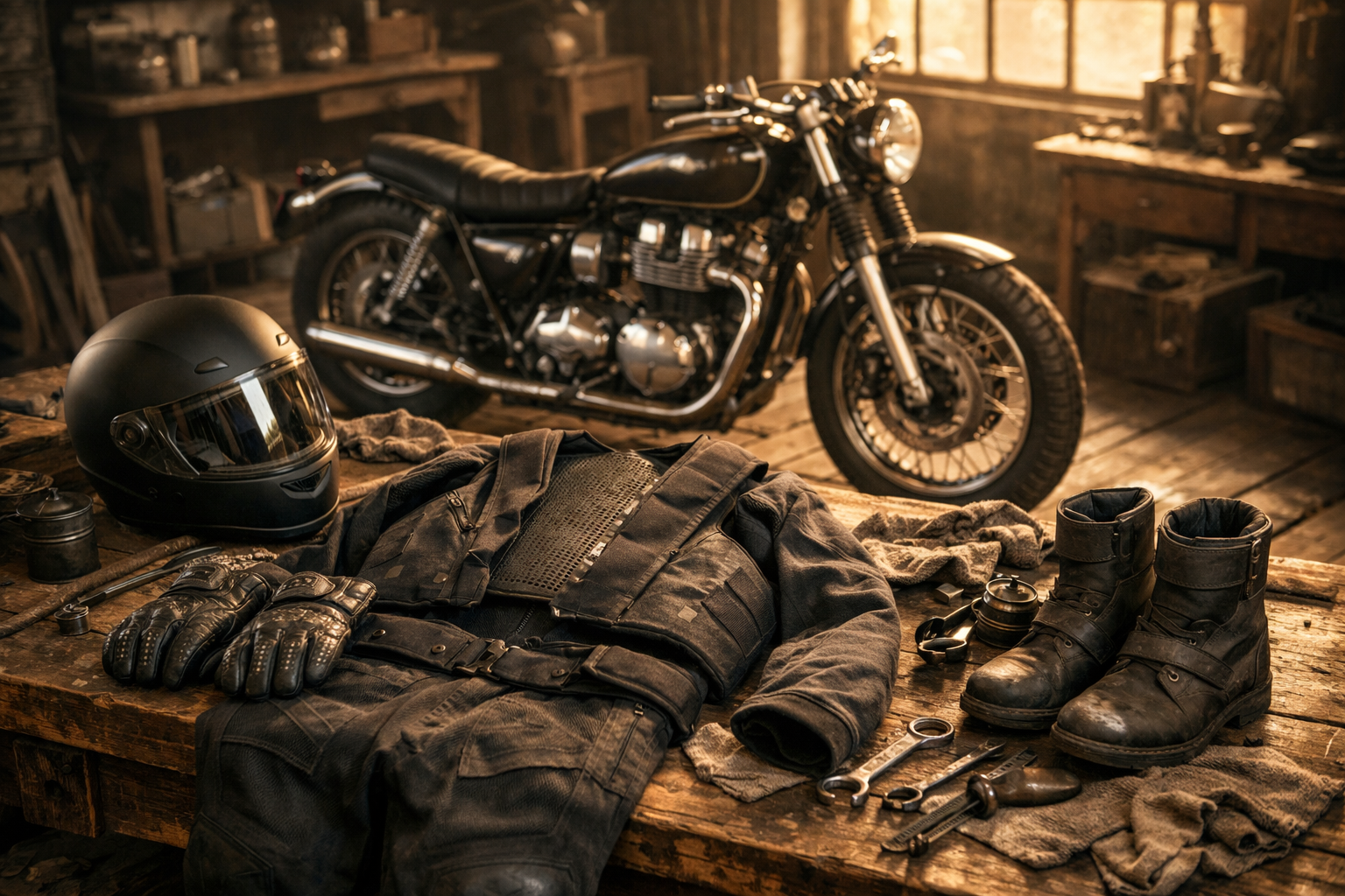 Motard équipé d’un airbag, blouson et bottes, prêt à prendre la route en sécurité