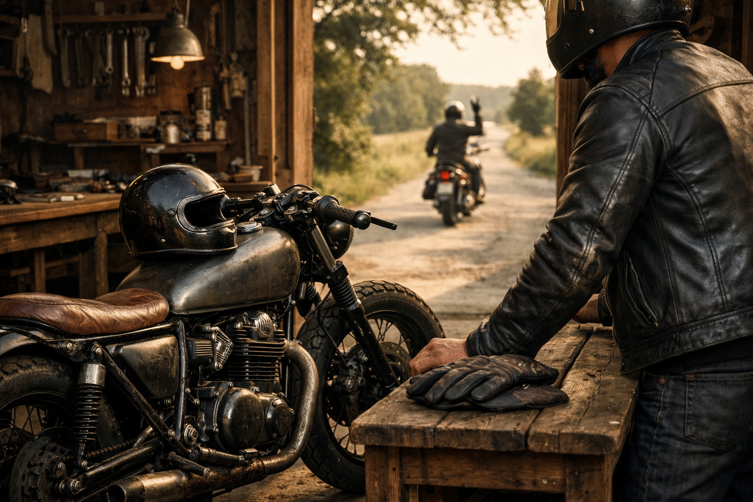 Motard faisant le salut en V sur une route de campagne au coucher du soleil