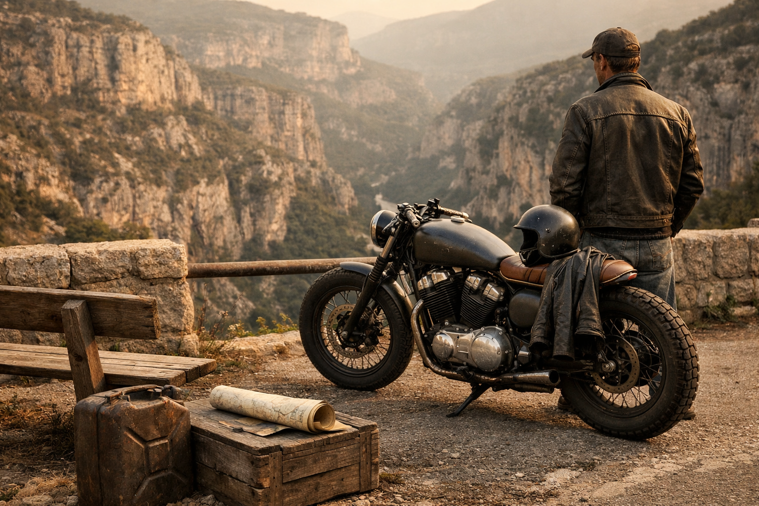Moto sur route des gorges du Verdon en septembre, ambiance calme et sauvage