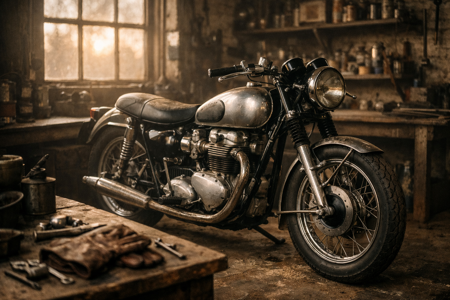 BSA Gold Star 650 vintage devant atelier moto ambiance britannique