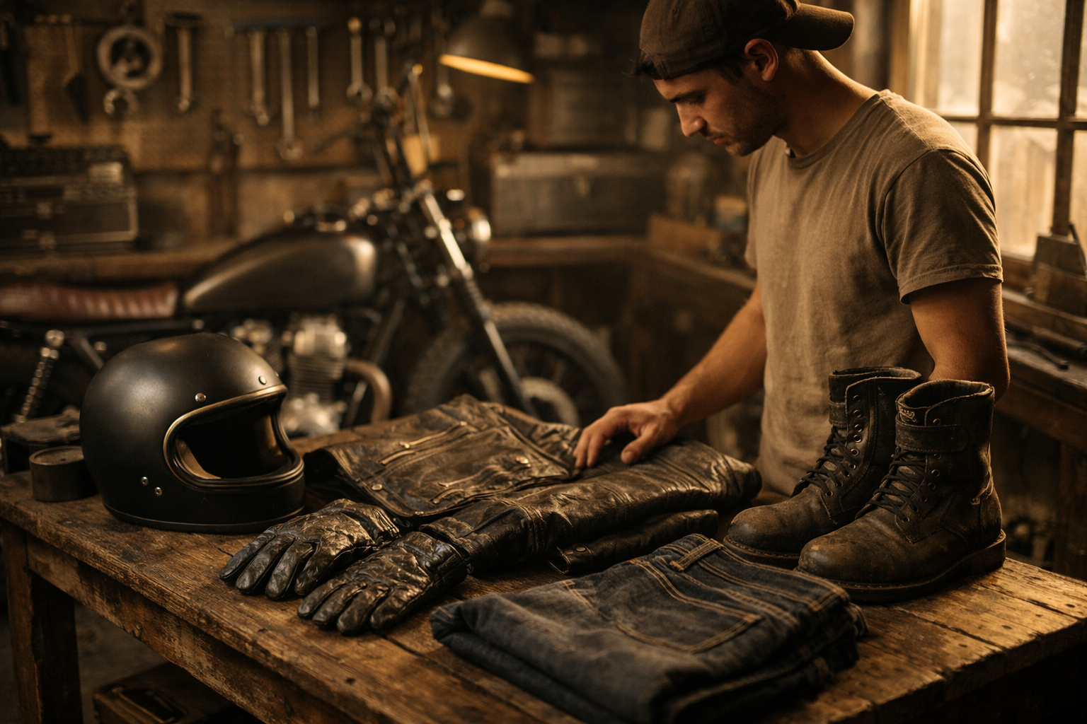 Équipement moto complet posé sur établi en bois dans atelier vintage