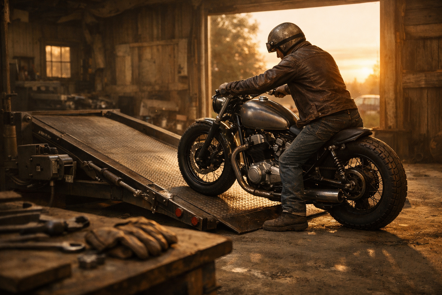 Remorque moto avec plateau abaissable et custom vintage chargée en fin de journée