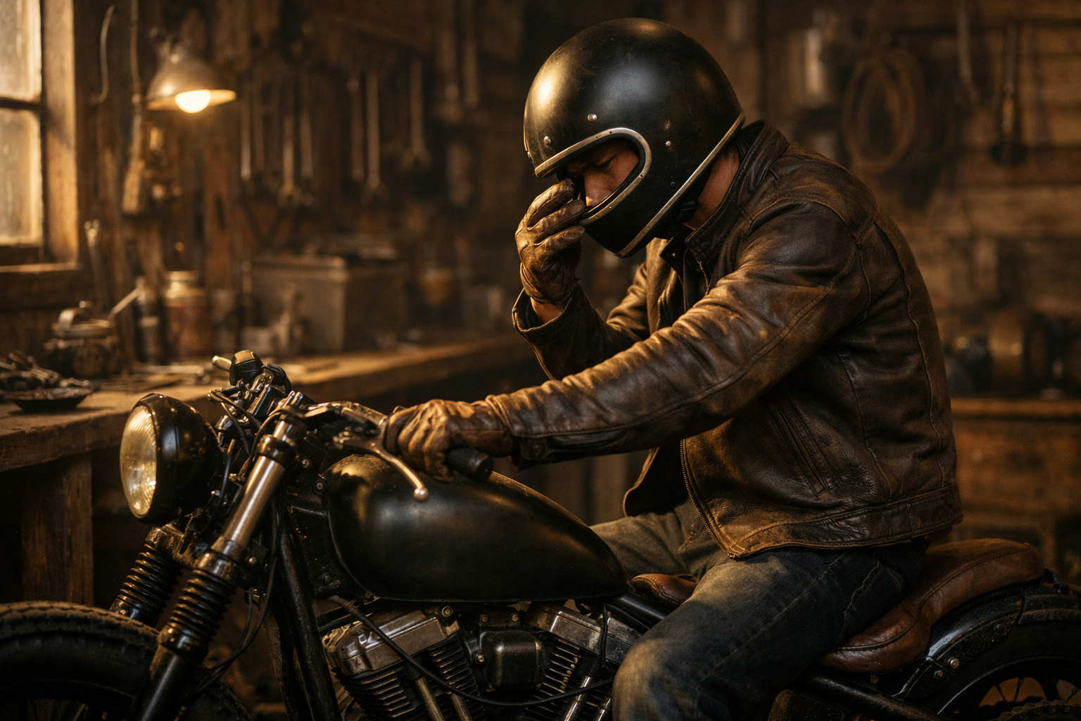 Motard ajustant son casque dans un atelier vintage avant une sortie sur route
