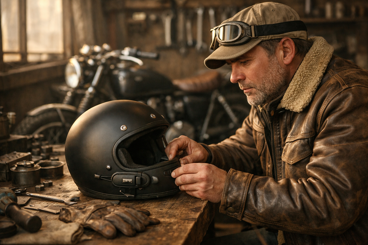 Motard réglant son intercom moto dans un atelier vintage éclairé en lumière chaude