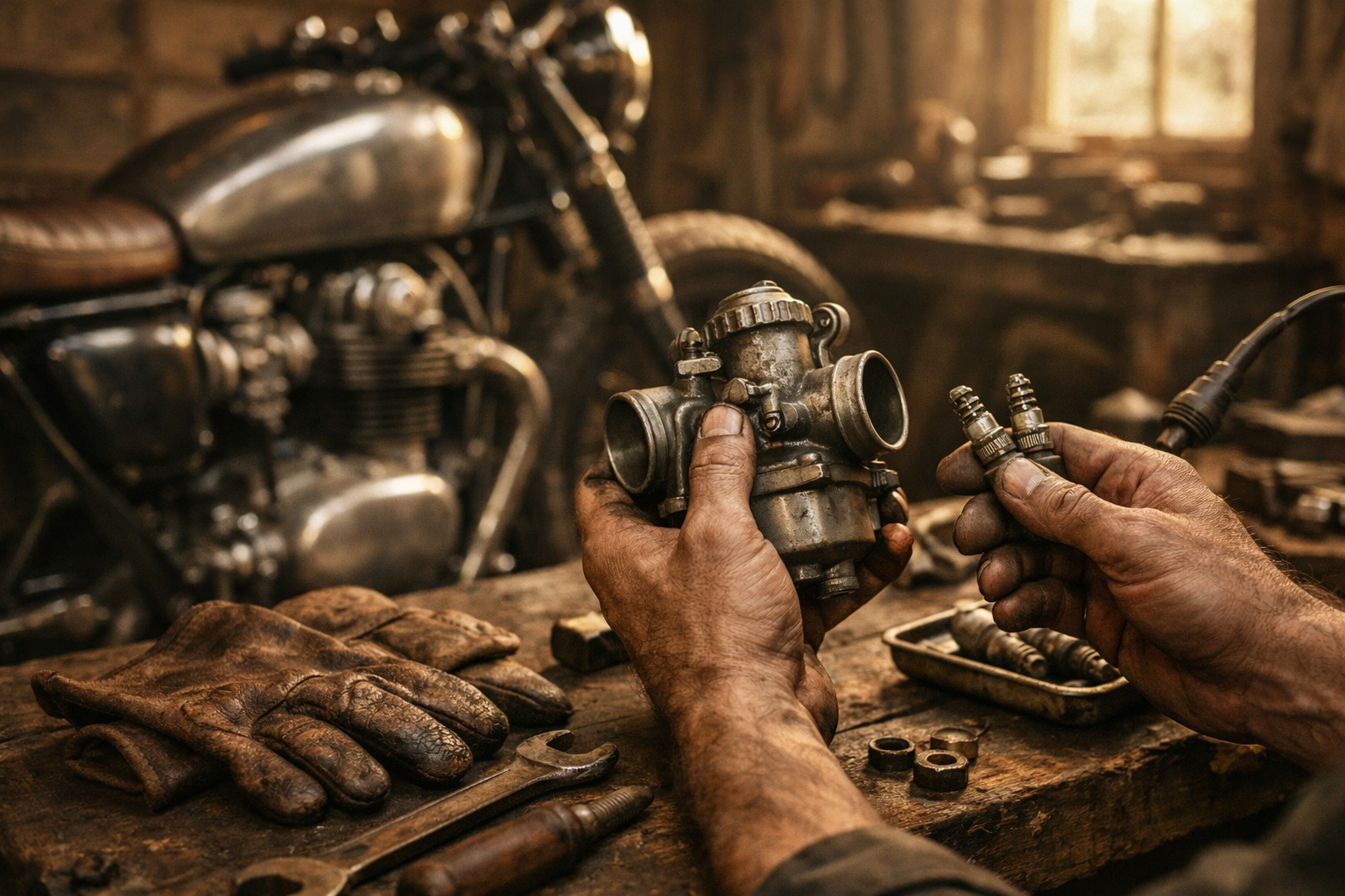 Moto vintage dans atelier bois et cuir, diagnostic mécanique carburateur et bougies