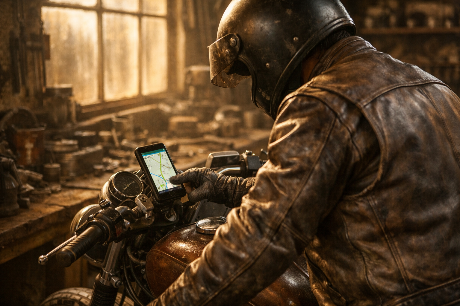 Motard consultant Waze pour trouver carburant moins cher près de sa moto vintage