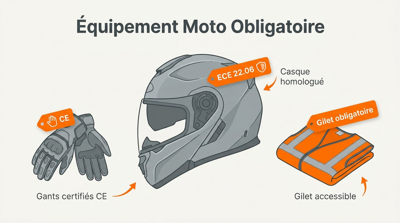 Ensemble d'équipement moto obligatoire comprenant un casque homologué et des gants certifiés