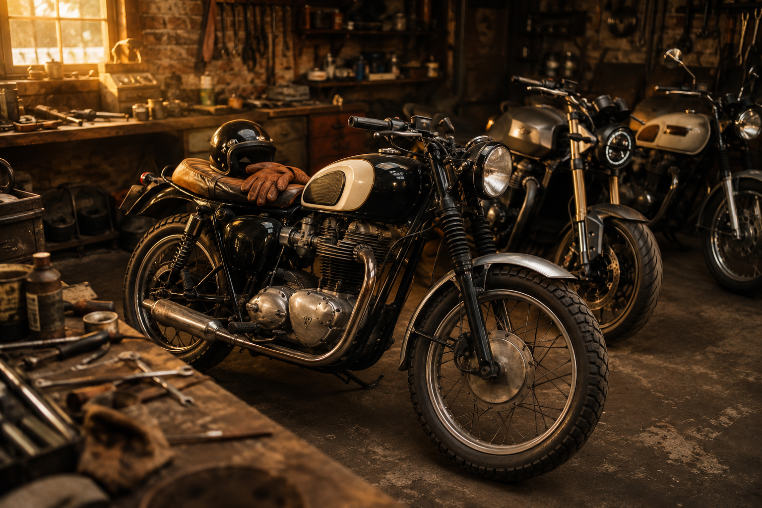 Triumph moderne et classique dans atelier vintage ambiance britannique