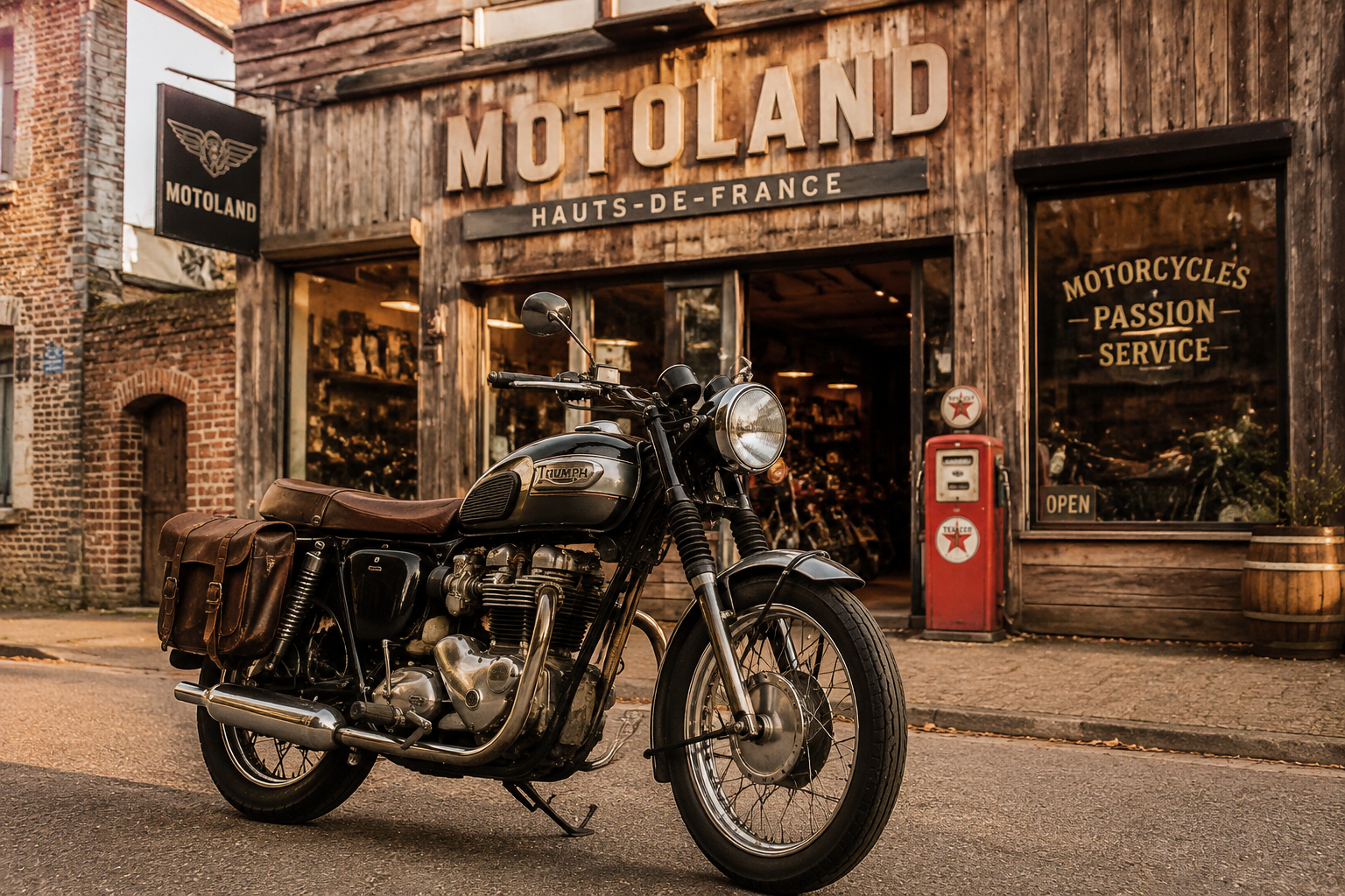 Une moto classique devant une concession, ambiance rétro.