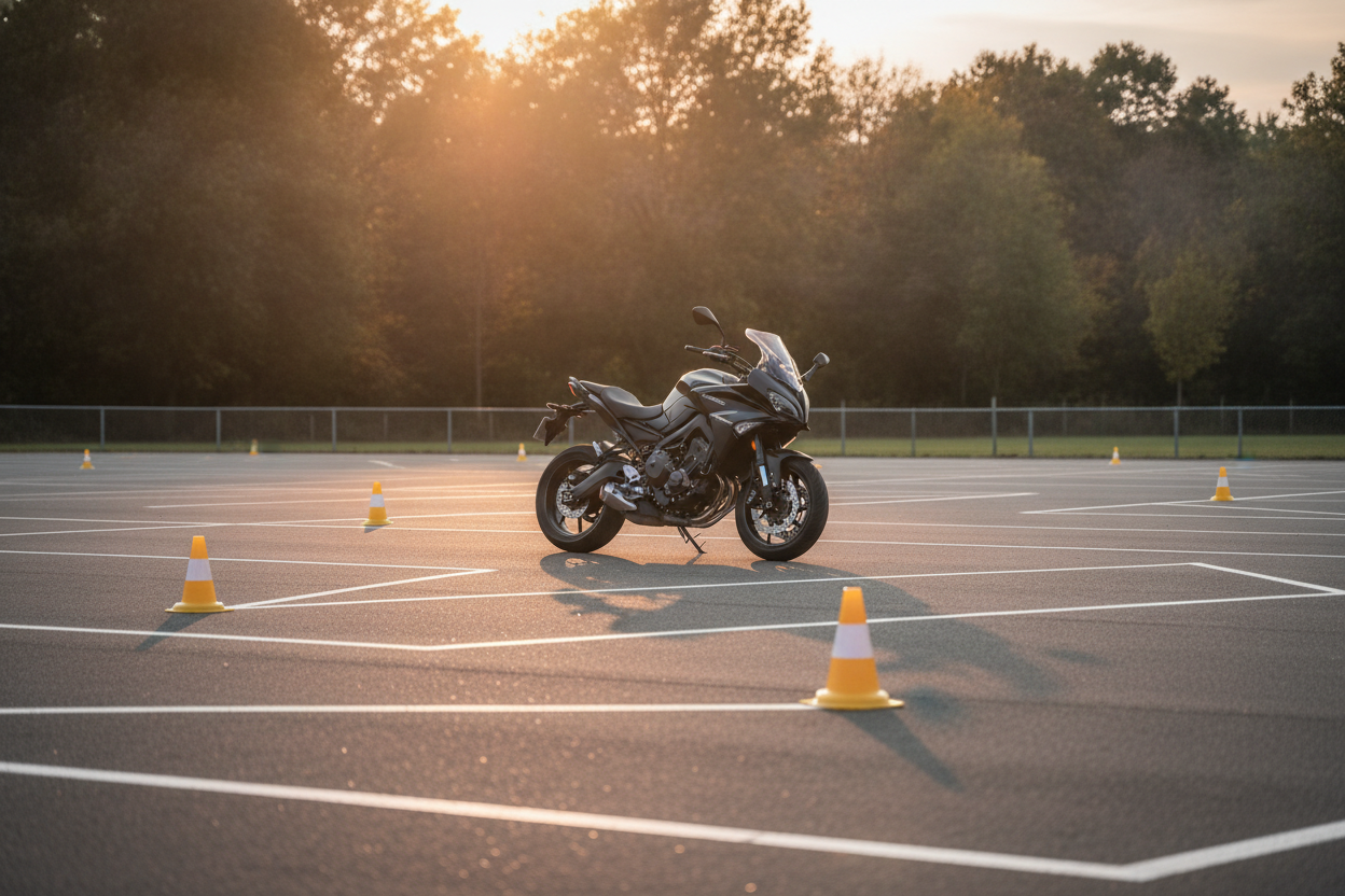 Zone de plateau d'examen moto avec cônes colorés disposés sur un parking asphalté marqué au sol.