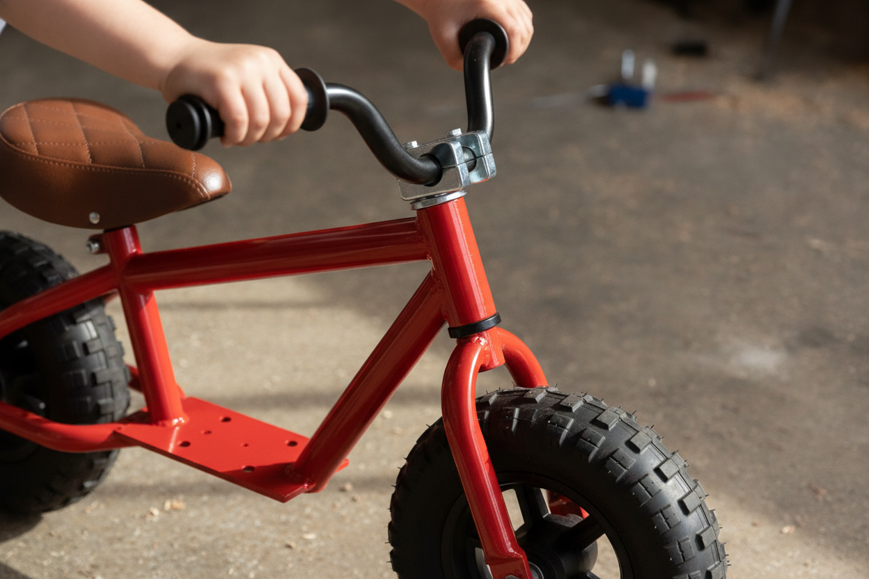 Cadre en acier soudé et guidon ajustable d'une moto électrique enfant, illustrant la robustesse et l'ergonomie du poste de pilotage.