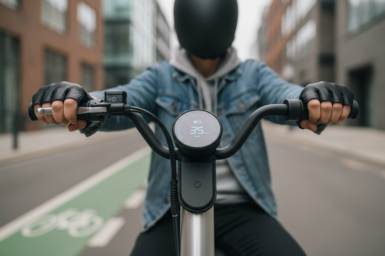 Conducteur en ville sur une mobylette électrique, vue du guidon avec affichage de charge batterie.