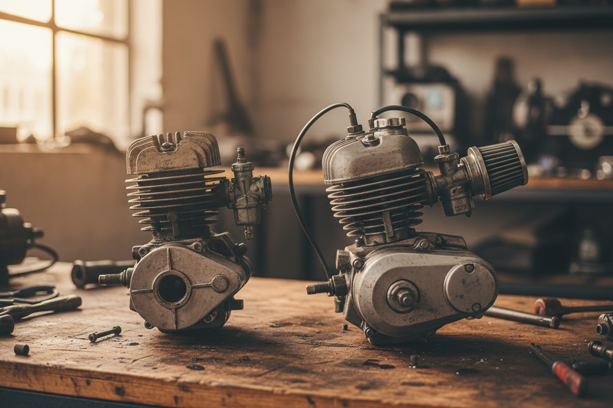 Comparaison visuelle d'un moteur 2-temps et d'un moteur 4-temps de 50cc posés sur un établi d'atelier.
