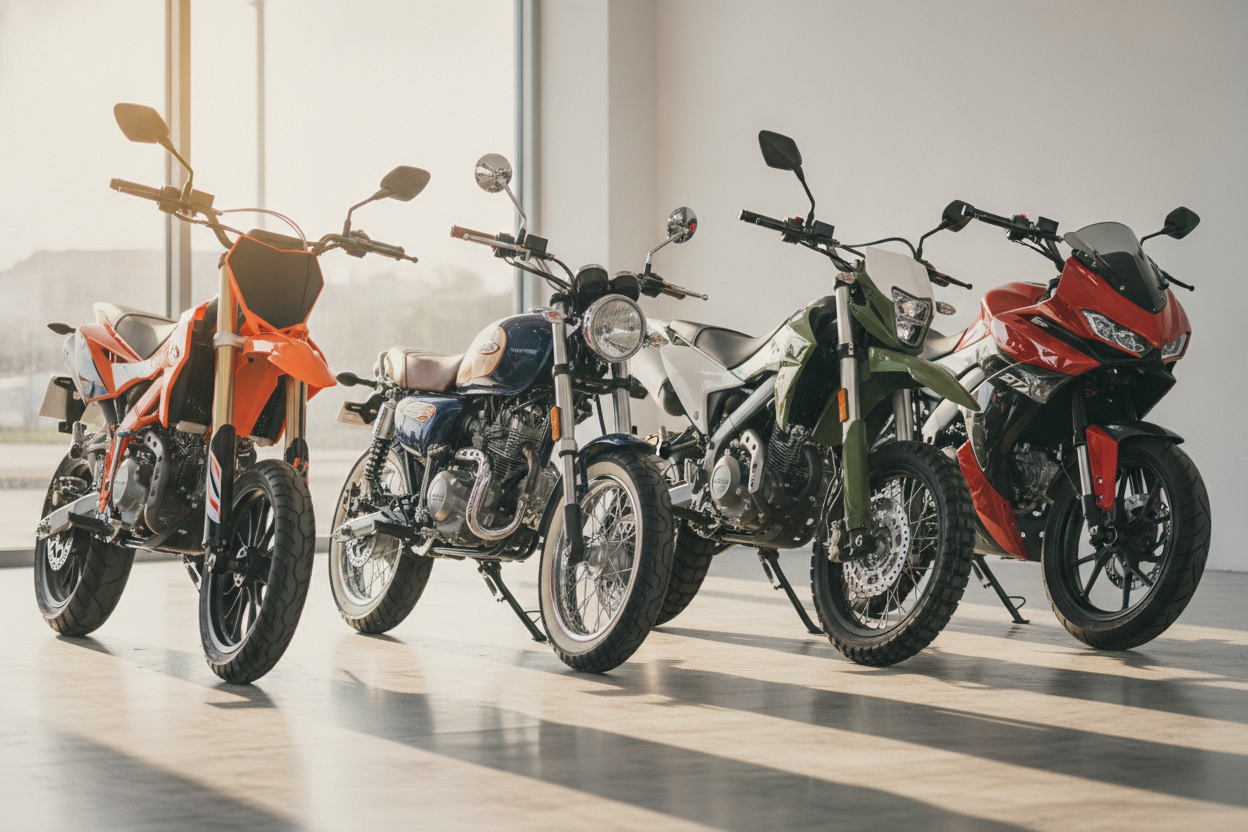 Quatre motos 50cc de styles différents alignées côte à côte dans un atelier ou une concession bien éclairée.