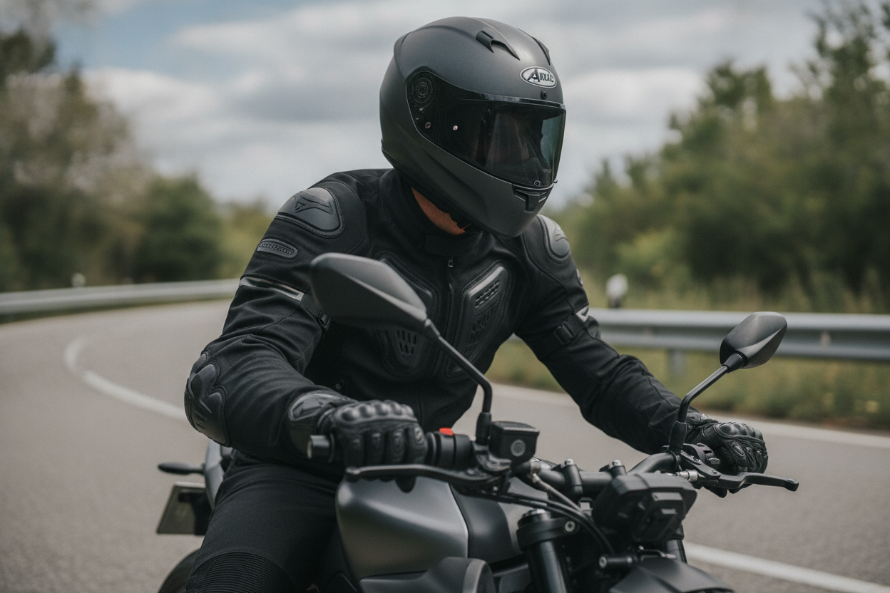 Motard concentré sur sa trajectoire en virage, les deux mains fermement posées sur le guidon.