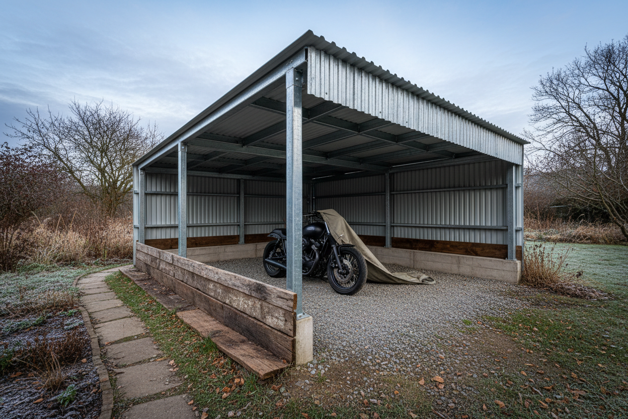 Garage moto métallique extérieur moderne abritant une moto sous sa structure protectrice robuste.