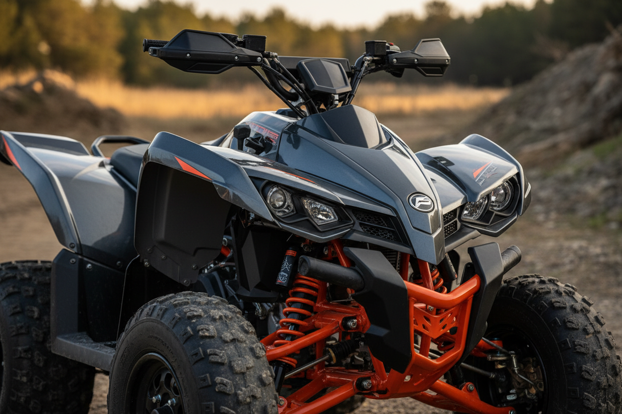 Quad sportif vue de détail avec phares et cadre métallisé aux accents orangés.